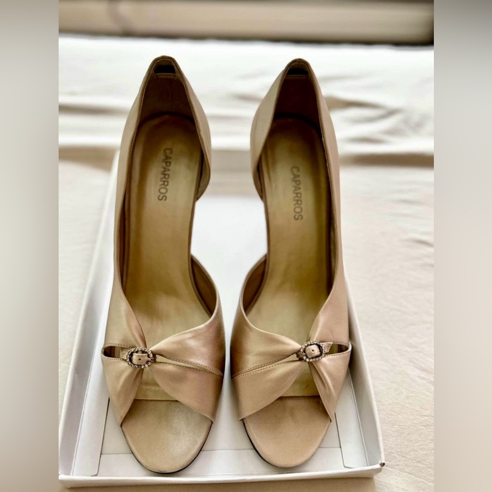 Champagne satin open toe heels
